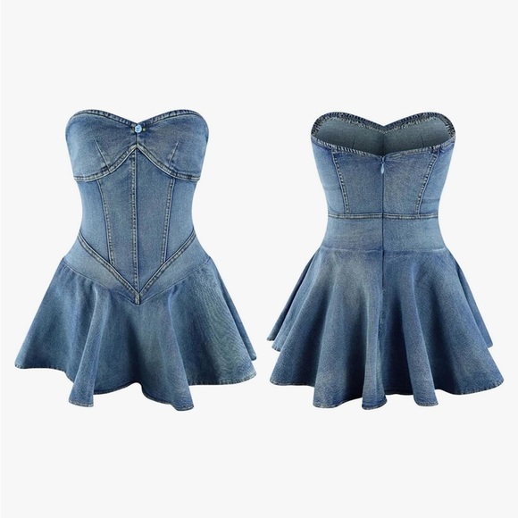 Stylish Strapless Denim Dress - Picture 3 of 14